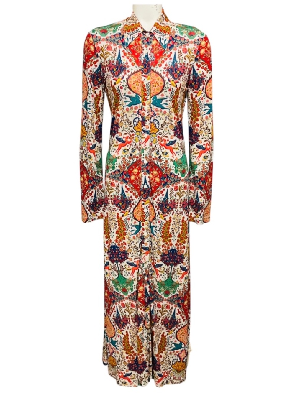 ETRO IVORY / RED MULTI PRINTED LONG SLEEVED BUTTON FRONT SHIRTDRESS MAXI DRESS
